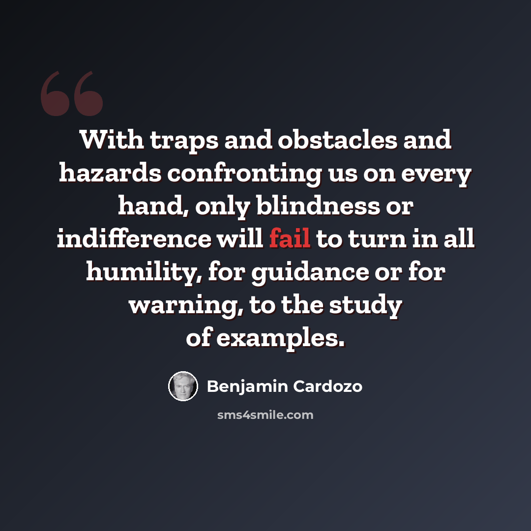“With traps and obstacles and hazards confronting us on every hand, only blindness or indifference will fail to turn in all humility, for guidance or for warning, to the study of examples.” quote by Benjamin Cardozo