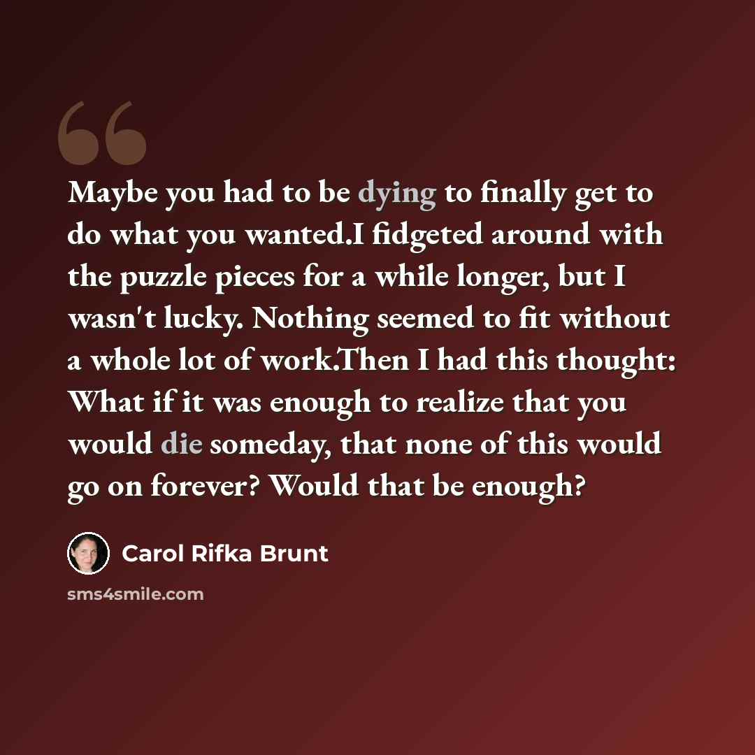 “Maybe you had to be dying to finally get to do what you wanted.I fidgeted around with the puzzle pieces for a while longer, but I wasn't lucky. Nothing seemed to fit without a whole lot of work.Then I had this thought: What if it was enough to realize that you would die someday, that none of this…” quote by Carol Rifka Brunt