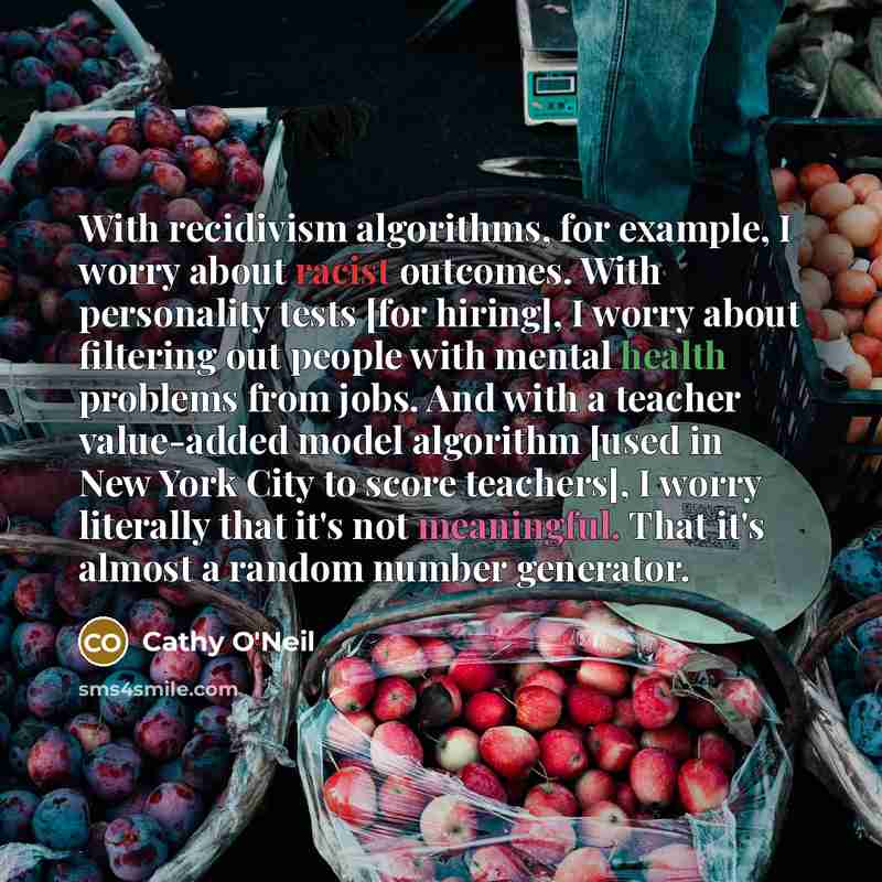“With recidivism algorithms, for example, I worry about racist outcomes. With personality tests [for hiring], I worry about filtering out people with mental health problems from jobs. And with a teacher value-added model algorithm [used in New York City to score teachers], I worry literally that…” quote by Cathy O'Neil