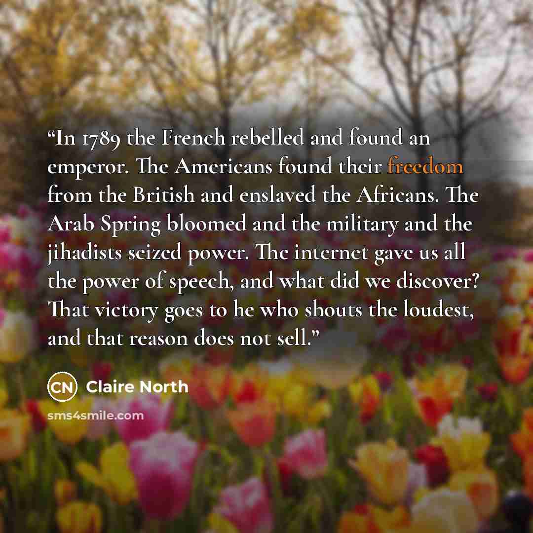 “In 1789 the French rebelled and found an emperor. The Americans found their freedom from the British and enslaved the Africans. The Arab Spring bloomed and the military and the jihadists seized power. The internet gave us all the power of speech, and what did we discover? That victory goes to he…” quote by Claire North