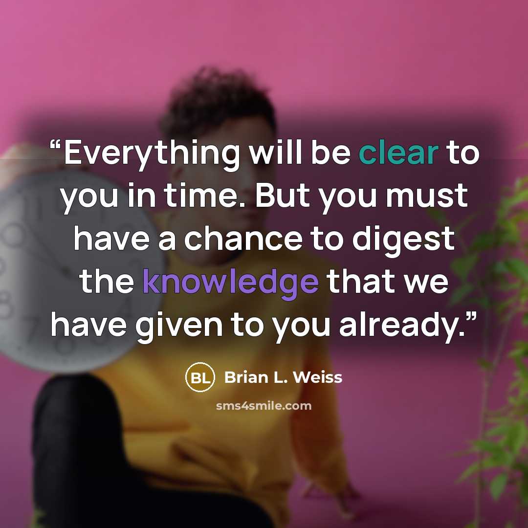 “Everything will be clear to you in time. But you must have a chance to digest the knowledge that we have given to you already.” quote by Brian L. Weiss