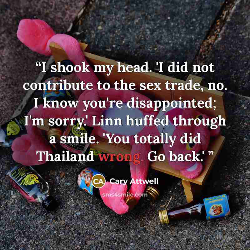 “I shook my head. 'I did not contribute to the sex trade, no. I know you're disappointed; I'm sorry.' Linn huffed through a smile. 'You totally did Thailand wrong. Go back.'” quote by Cary Attwell