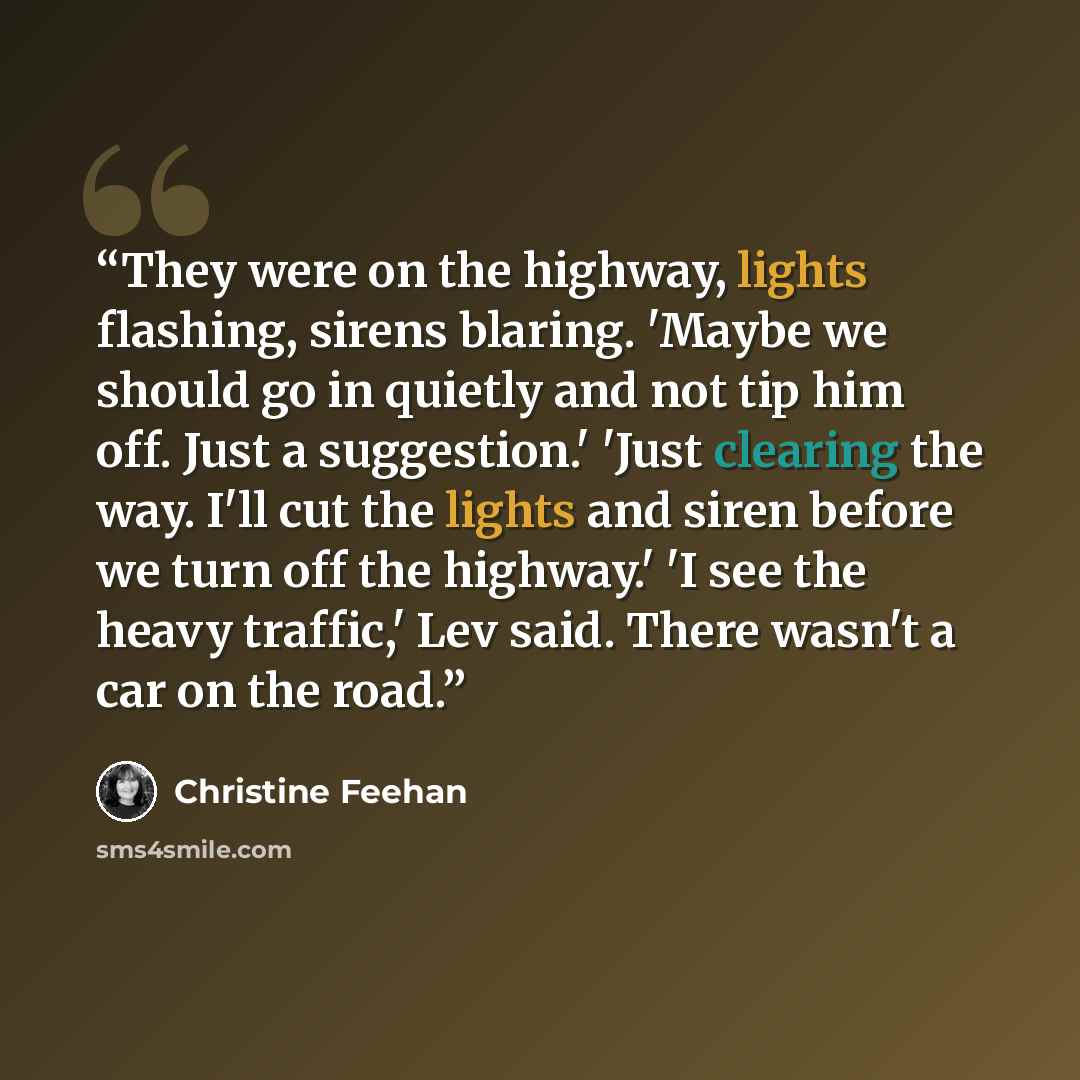 “They were on the highway, lights flashing, sirens blaring. 'Maybe we should go in quietly and not tip him off. Just a suggestion.' 'Just clearing the way. I'll cut the lights and siren before we turn off the highway.' 'I see the heavy traffic,' Lev said. There wasn't a car on the road.” quote by Christine Feehan
