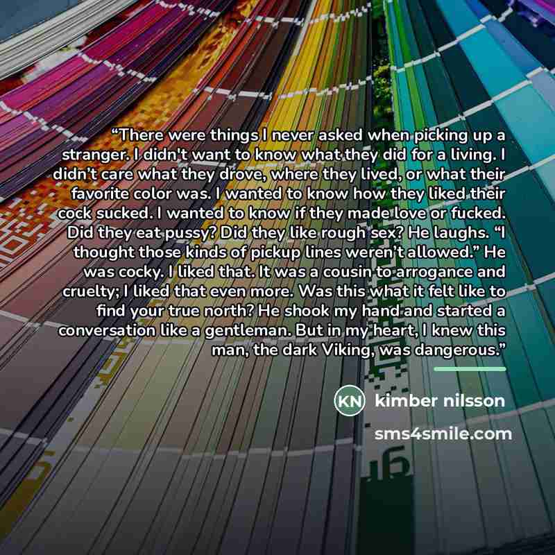 “There were things I never asked when picking up a stranger. I didn't want to know what they did for a living. I didn’t care what they drove, where they lived, or what their favorite color was. I wanted to know how they liked their cock sucked. I wanted to know if they made love or fucked. Did they…” quote by kimber nilsson