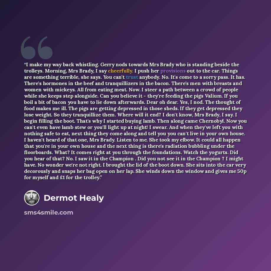 “I make my way back whistling. Gerry nods towards Mrs Brady who is standing beside the trolleys. Morning, Mrs Brady, I say cheerfully. I push her provisions out to the car. Things are something terrible, she says. You can't trust anybody. No. It's come to a sorry pass. It has. There's hormones in…” quote by Dermot Healy