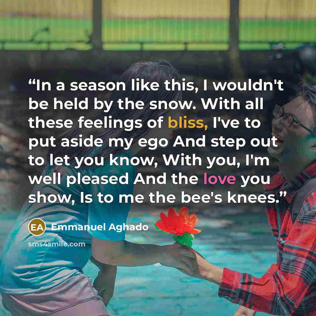 “In a season like this, I wouldn't be held by the snow. With all these feelings of bliss, I've to put aside my ego And step out to let you know, With you, I'm well pleased And the love you show, Is to me the bee's knees.” quote by Emmanuel Aghado