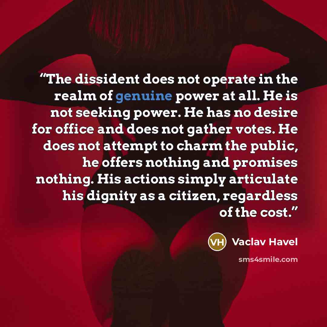 “The dissident does not operate in the realm of genuine power at all. He is not seeking power. He has no desire for office and does not gather votes. He does not attempt to charm the public, he offers nothing and promises nothing. His actions simply articulate his dignity as a citizen, regardless…” quote by Václav Havel
