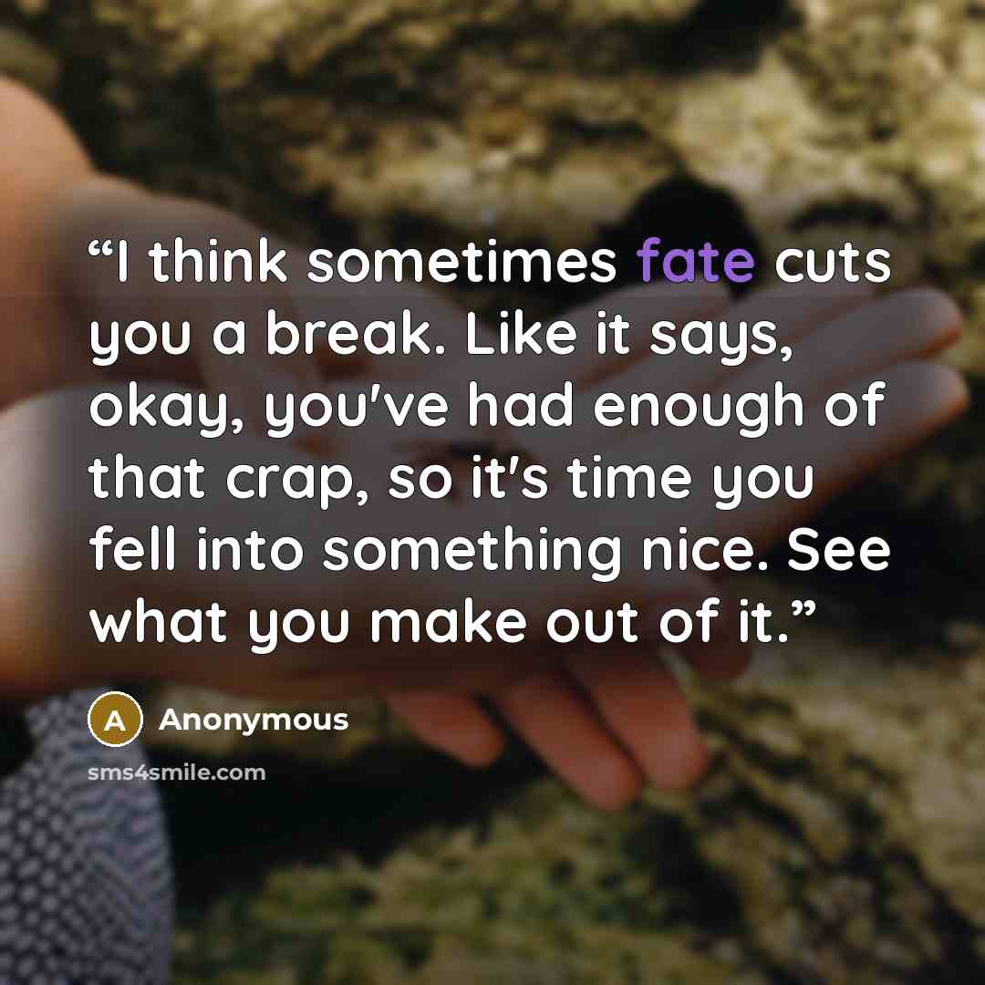 “I think sometimes fate cuts you a break. Like it says, okay, you've had enough of that crap, so it's time you fell into something nice. See what you make out of it.” quote by Anonymous