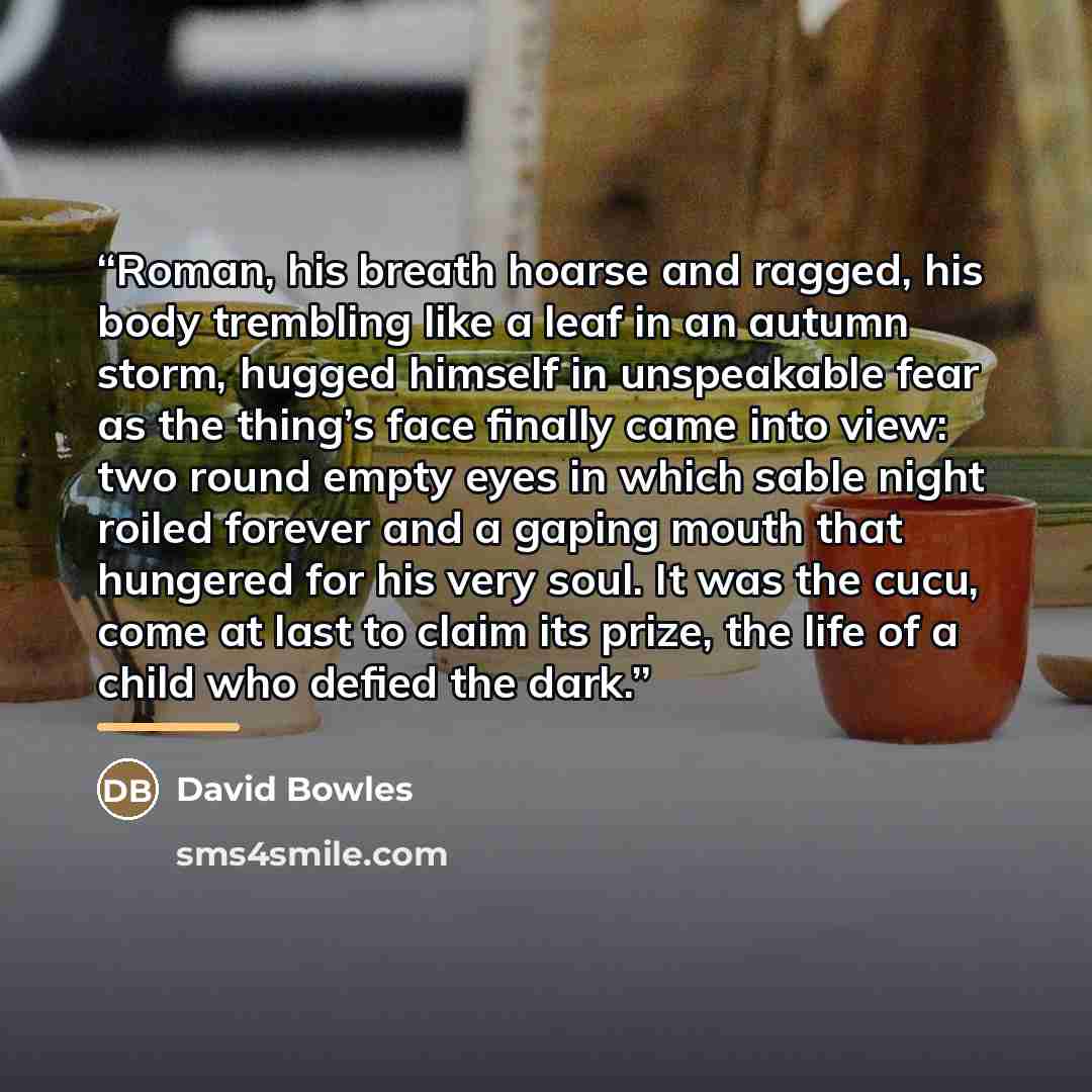 “Roman, his breath hoarse and ragged, his body trembling like a leaf in an autumn storm, hugged himself in unspeakable fear as the thing’s face finally came into view: two round empty eyes in which sable night roiled forever and a gaping mouth that hungered for his very soul. It was the cucu, come…” quote by David Bowles
