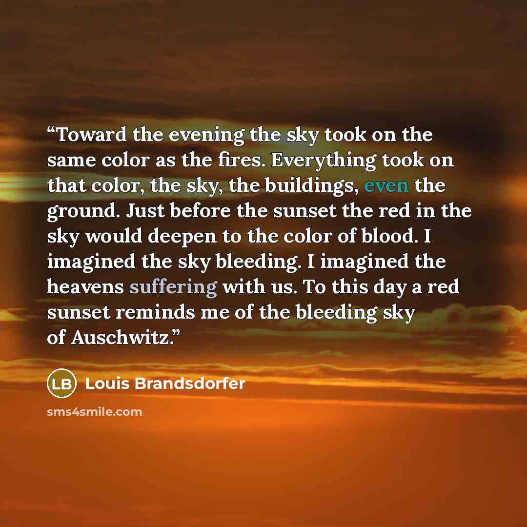 “Toward the evening the sky took on the same color as the fires. Everything took on that color, the sky, the buildings, even the ground. Just before the sunset the red in the sky would deepen to the color of blood. I imagined the sky bleeding. I imagined the heavens suffering with us. To this day a…” quote by Louis Brandsdorfer