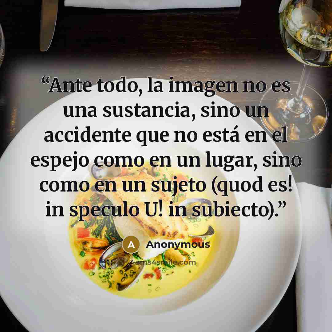 “Ante todo, la imagen no es una sustancia, sino un accidente que no está en el espejo como en un lugar, sino como en un sujeto (quod es! in speculo U! in subiecto).” quote by Anonymous