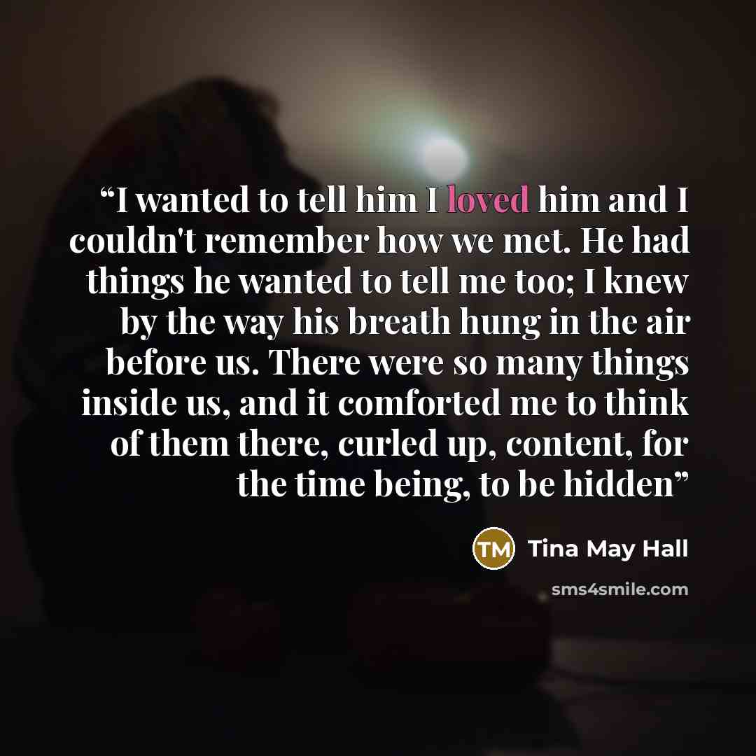 “I wanted to tell him I loved him and I couldn't remember how we met. He had things he wanted to tell me too; I knew by the way his breath hung in the air before us. There were so many things inside us, and it comforted me to think of them there, curled up, content, for the time being, to be hidden” quote by Tina May Hall