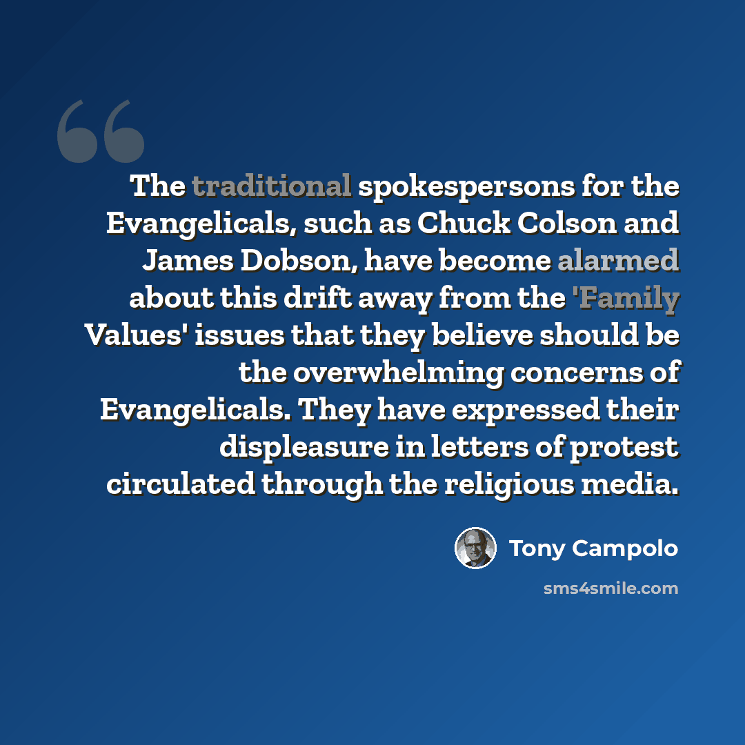 “The traditional spokespersons for the Evangelicals, such as Chuck Colson and James Dobson, have become alarmed about this drift away from the 'Family Values' issues that they believe should be the overwhelming concerns of Evangelicals. They have expressed their displeasure in letters of protest…” quote by Tony Campolo