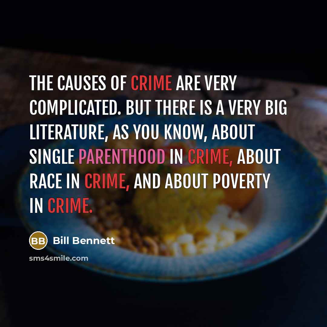 “The causes of crime are very complicated. But there is a very big literature, as you know, about single parenthood in crime, about race in crime, and about poverty in crime.” quote by Bill Bennett