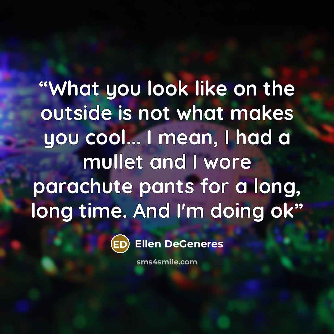 “What you look like on the outside is not what makes you cool... I mean, I had a mullet and I wore parachute pants for a long, long time. And I'm doing ok” quote by Ellen DeGeneres
