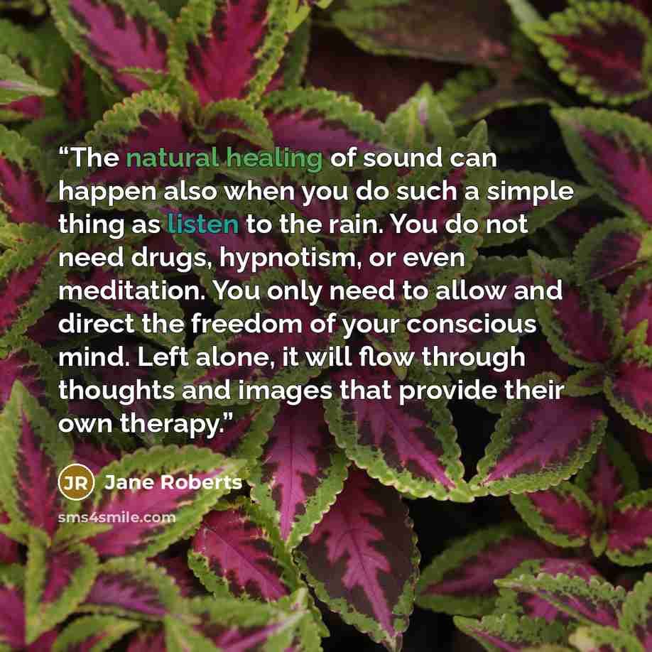 “The natural healing of sound can happen also when you do such a simple thing as listen to the rain. You do not need drugs, hypnotism, or even meditation. You only need to allow and direct the freedom of your conscious mind. Left alone, it will flow through thoughts and images that provide their…” quote by Jane Roberts