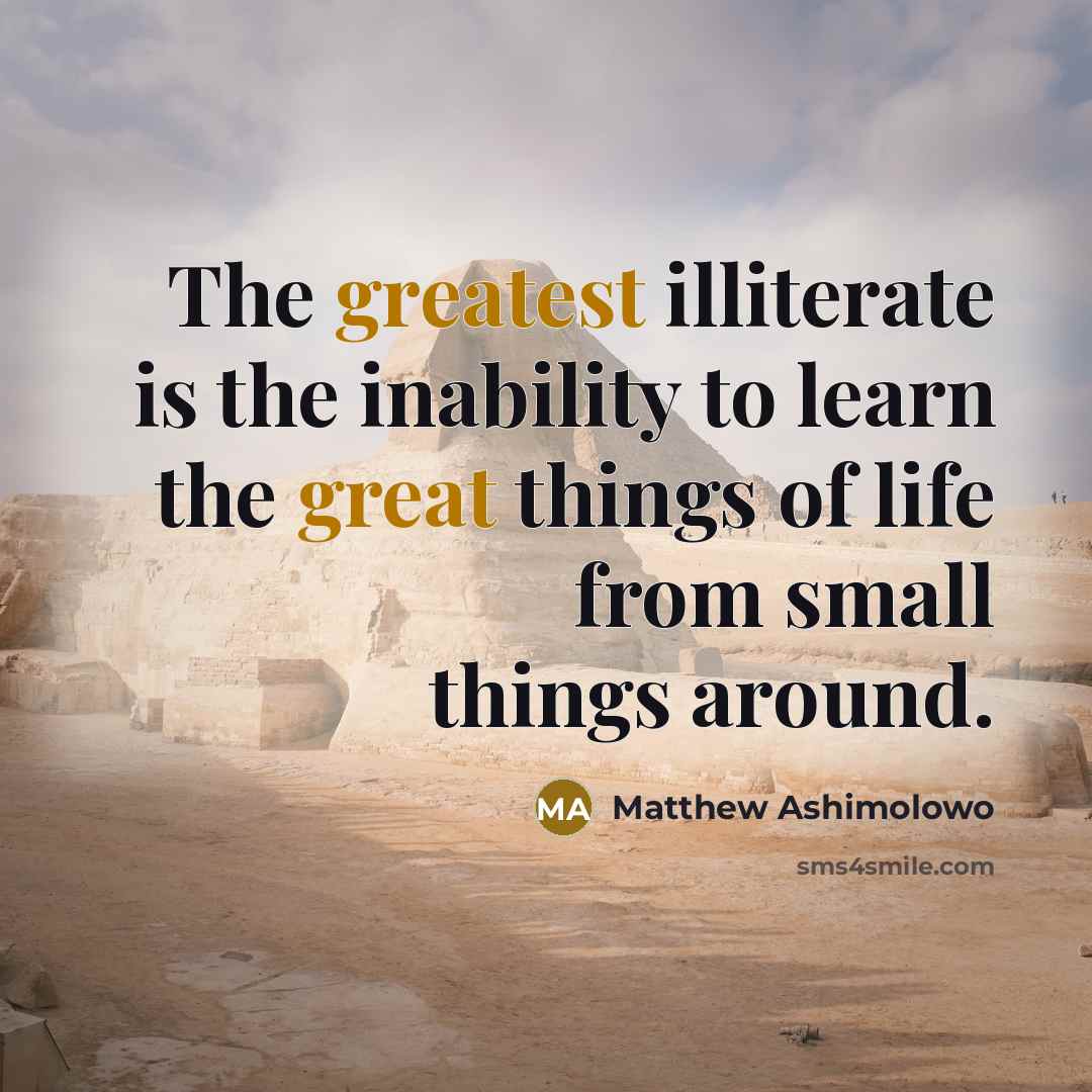 “The greatest illiterate is the inability to learn the great things of life from small things around.” quote by Matthew Ashimolowo