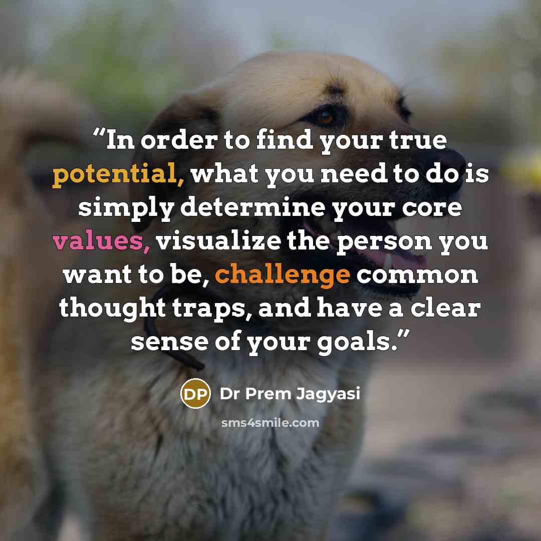 “In order to find your true potential, what you need to do is simply determine your core values, visualize the person you want to be, challenge common thought traps, and have a clear sense of your goals.” quote by Dr Prem Jagyasi