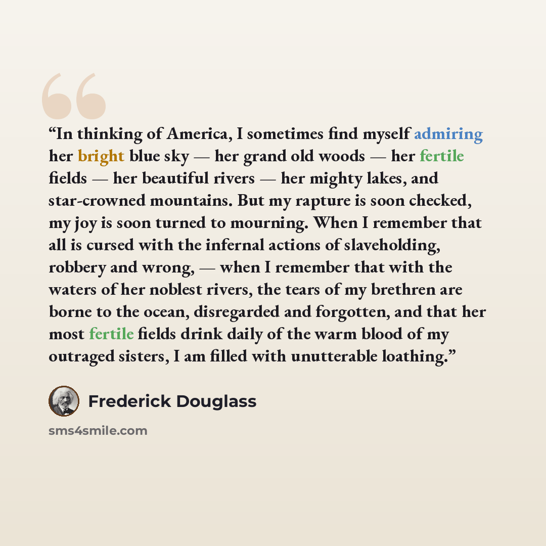 “In thinking of America, I sometimes find myself admiring her bright blue sky — her grand old woods — her fertile fields — her beautiful rivers — her mighty lakes, and star-crowned mountains. But my rapture is soon checked, my joy is soon turned to mourning. When I remember that all is cursed with…” quote by Frederick Douglass