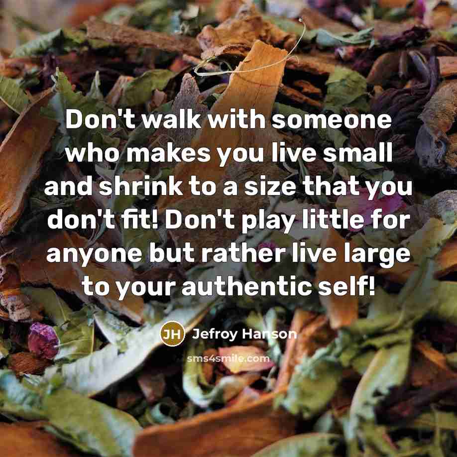 “Don't walk with someone who makes you live small and shrink to a size that you don't fit! Don't play little for anyone but rather live large to your authentic self!” quote by Jefroy Hanson