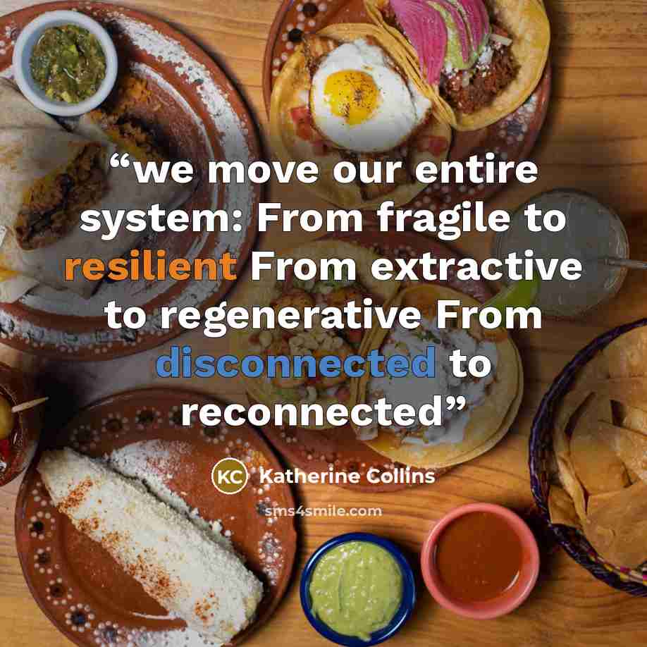 “we move our entire system: From fragile to resilient From extractive to regenerative From disconnected to reconnected” quote by Katherine Collins
