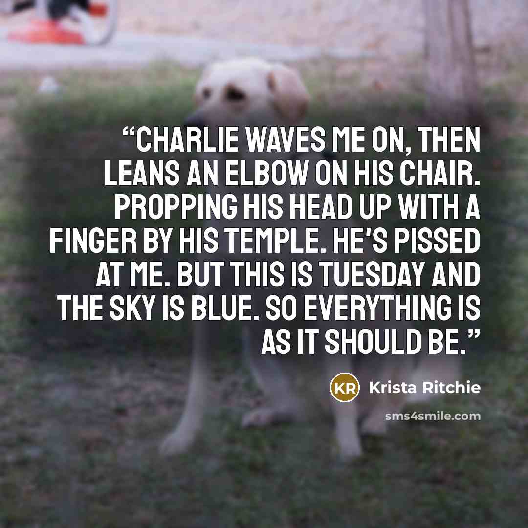 “Charlie waves me on, then leans an elbow on his chair. Propping his head up with a finger by his temple. He's pissed at me. But this is Tuesday and the sky is blue. So everything is as it should be.” quote by Krista Ritchie