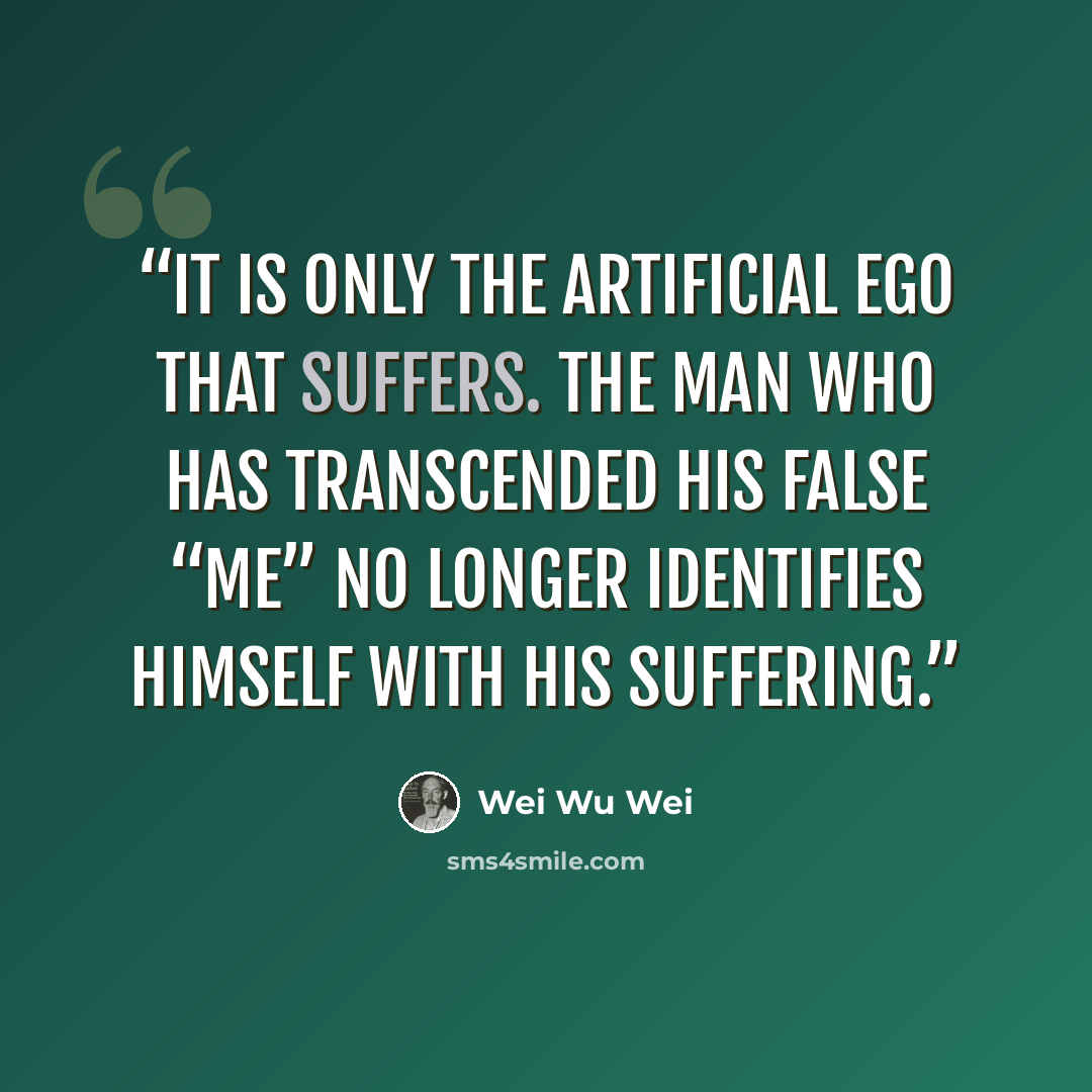 “It is only the artificial ego that suffers. The man who has transcended his false “me” no longer identifies himself with his suffering.” quote by Wei Wu Wei