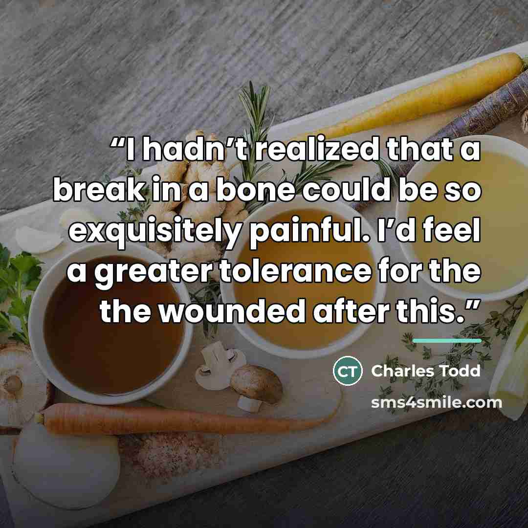 “I hadn’t realized that a break in a bone could be so exquisitely painful. I’d feel a greater tolerance for the the wounded after this.” quote by Charles Todd