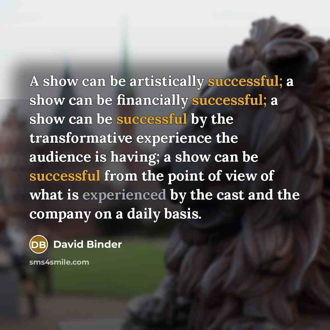 “A show can be artistically successful; a show can be financially successful; a show can be successful by the transformative experience the audience is having; a show can be successful from the point of view of what is experienced by the cast and the company on a daily basis.” quote by David Binder