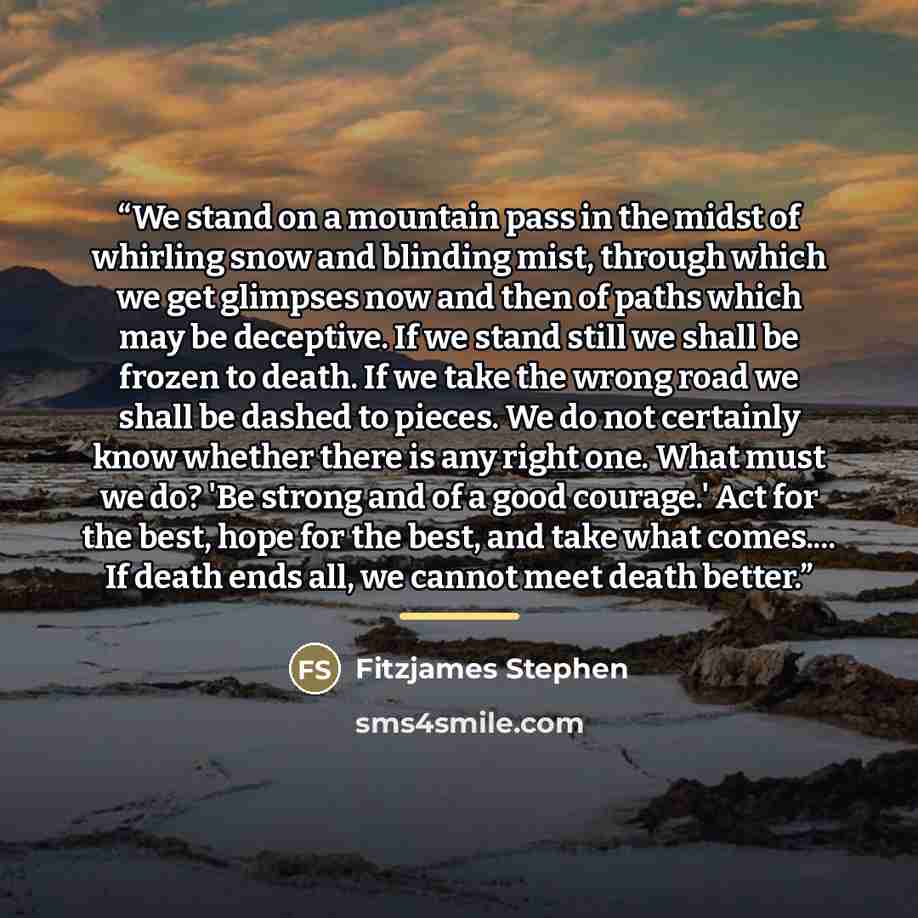 “We stand on a mountain pass in the midst of whirling snow and blinding mist, through which we get glimpses now and then of paths which may be deceptive. If we stand still we shall be frozen to death. If we take the wrong road we shall be dashed to pieces. We do not certainly know whether there is…” quote by Fitzjames Stephen