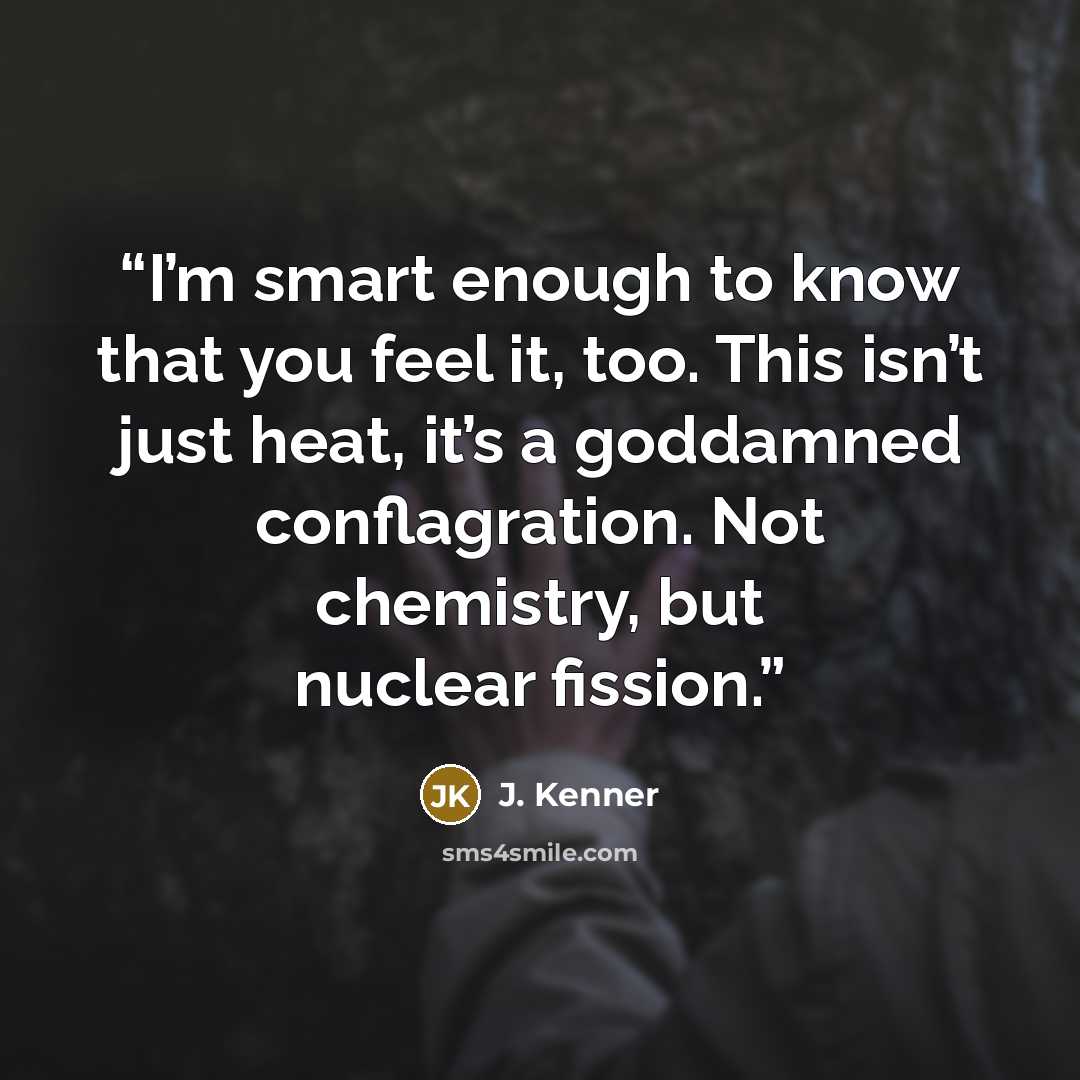 “I’m smart enough to know that you feel it, too. This isn’t just heat, it’s a goddamned conflagration. Not chemistry, but nuclear fission.” quote by J. Kenner