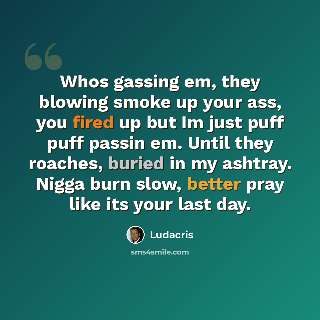 “Whos gassing em, they blowing smoke up your ass, you fired up but Im just puff puff passin em. Until they roaches, buried in my ashtray. Nigga burn slow, better pray like its your last day.” quote by Ludacris