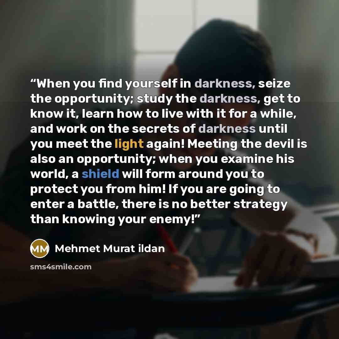 “When you find yourself in darkness, seize the opportunity; study the darkness, get to know it, learn how to live with it for a while, and work on the secrets of darkness until you meet the light again! Meeting the devil is also an opportunity; when you examine his world, a shield will form around…” quote by Mehmet Murat ildan