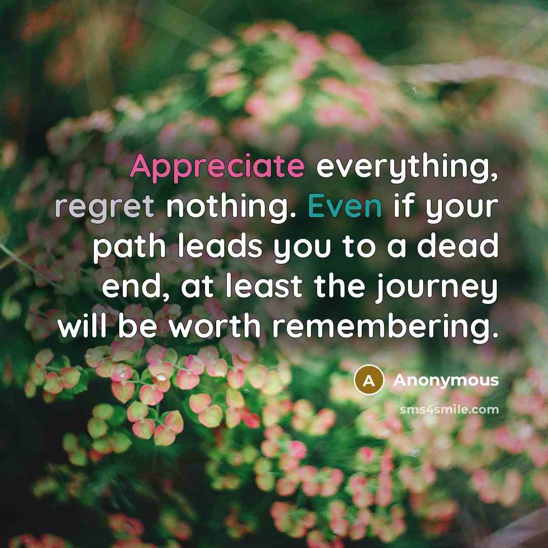 “Appreciate everything, regret nothing. Even if your path leads you to a dead end, at least the journey will be worth remembering.” quote by Anonymous
