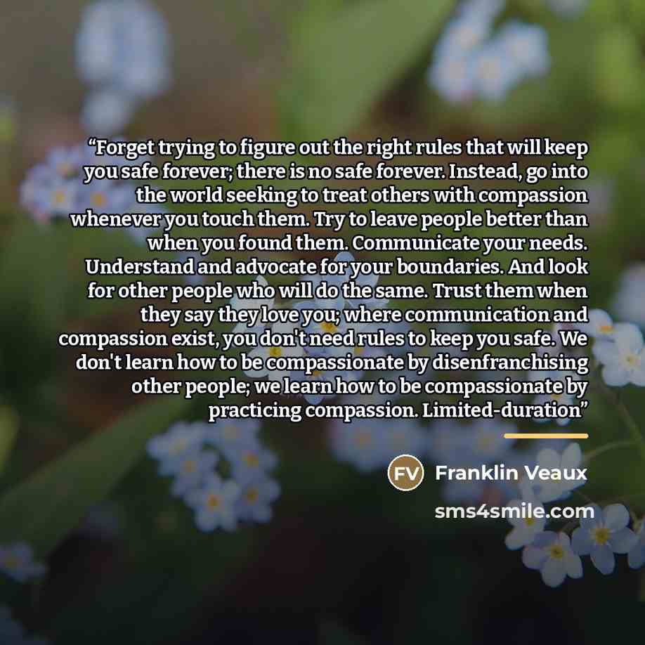 “Forget trying to figure out the right rules that will keep you safe forever; there is no safe forever. Instead, go into the world seeking to treat others with compassion whenever you touch them. Try to leave people better than when you found them. Communicate your needs. Understand and advocate…” quote by Franklin Veaux
