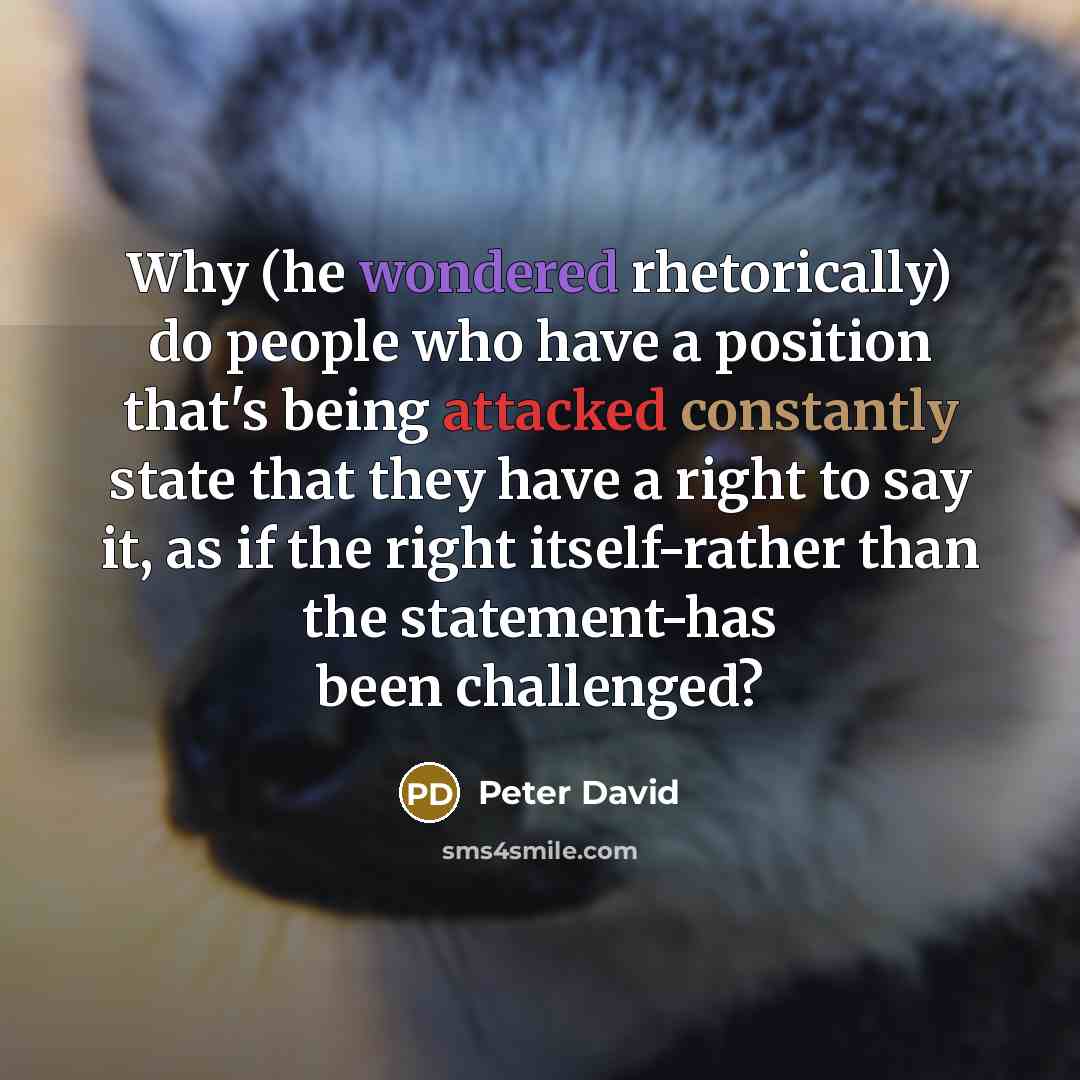 “Why (he wondered rhetorically) do people who have a position that's being attacked constantly state that they have a right to say it, as if the right itself-rather than the statement-has been challenged?” quote by Peter David