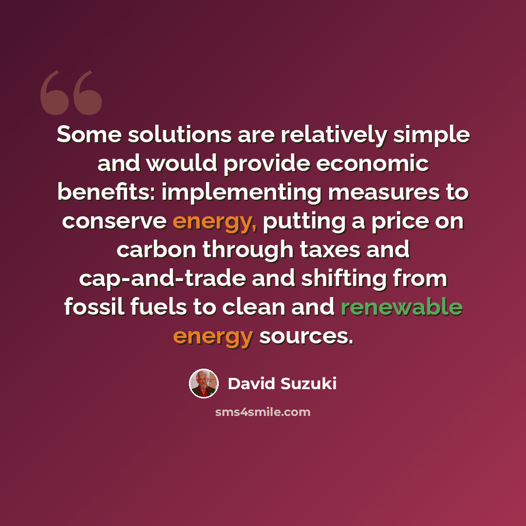 “Some solutions are relatively simple and would provide economic benefits: implementing measures to conserve energy, putting a price on carbon through taxes and cap-and-trade and shifting from fossil fuels to clean and renewable energy sources.” quote by David Suzuki