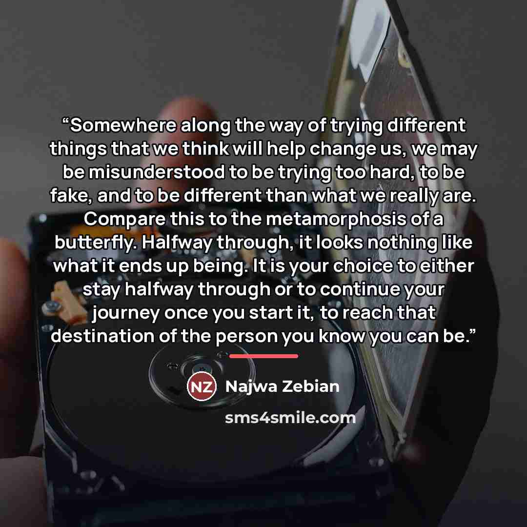 “Somewhere along the way of trying different things that we think will help change us, we may be misunderstood to be trying too hard, to be fake, and to be different than what we really are. Compare this to the metamorphosis of a butterfly. Halfway through, it looks nothing like what it ends up…” quote by Najwa Zebian