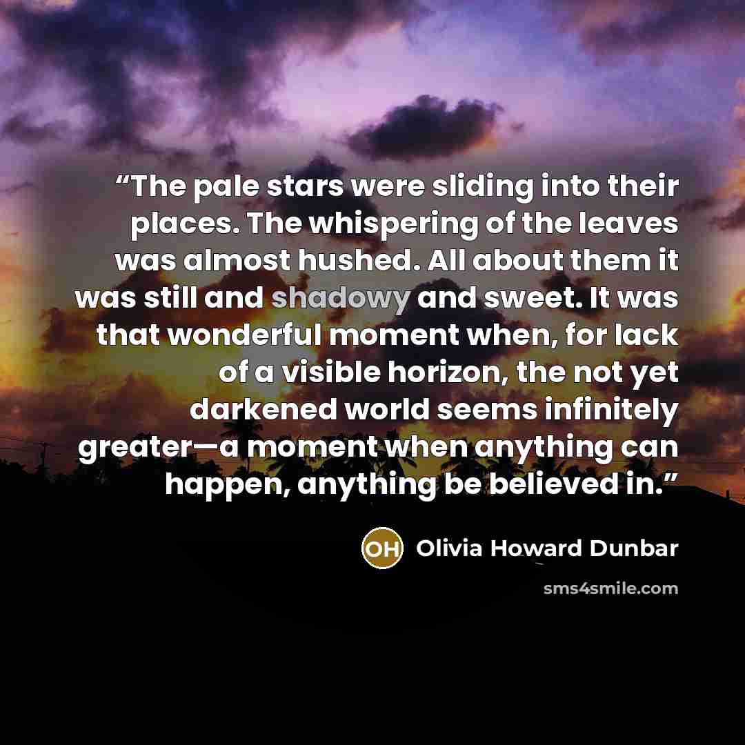 “The pale stars were sliding into their places. The whispering of the leaves was almost hushed. All about them it was still and shadowy and sweet. It was that wonderful moment when, for lack of a visible horizon, the not yet darkened world seems infinitely greater—a moment when anything can happen…” quote by Olivia Howard Dunbar