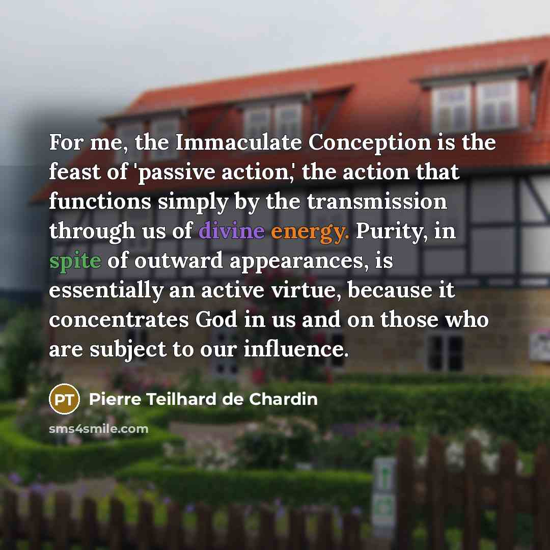 “For me, the Immaculate Conception is the feast of 'passive action,' the action that functions simply by the transmission through us of divine energy. Purity, in spite of outward appearances, is essentially an active virtue, because it concentrates God in us and on those who are subject to our…” quote by Pierre Teilhard de Chardin