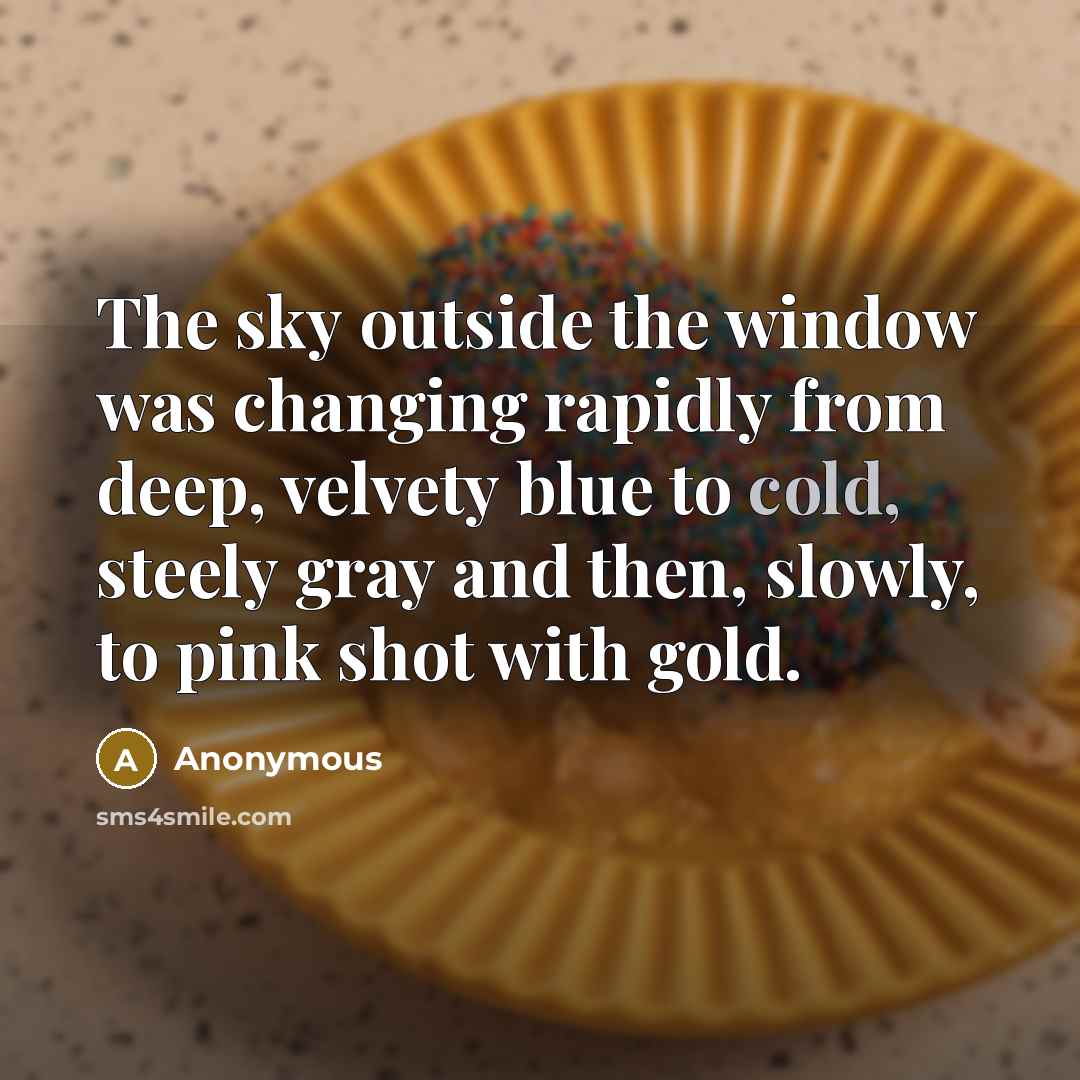 “The sky outside the window was changing rapidly from deep, velvety blue to cold, steely gray and then, slowly, to pink shot with gold.” quote by Anonymous