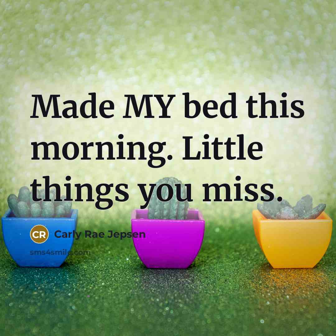 “Made MY bed this morning. Little things you miss.” quote by Carly Rae Jepsen