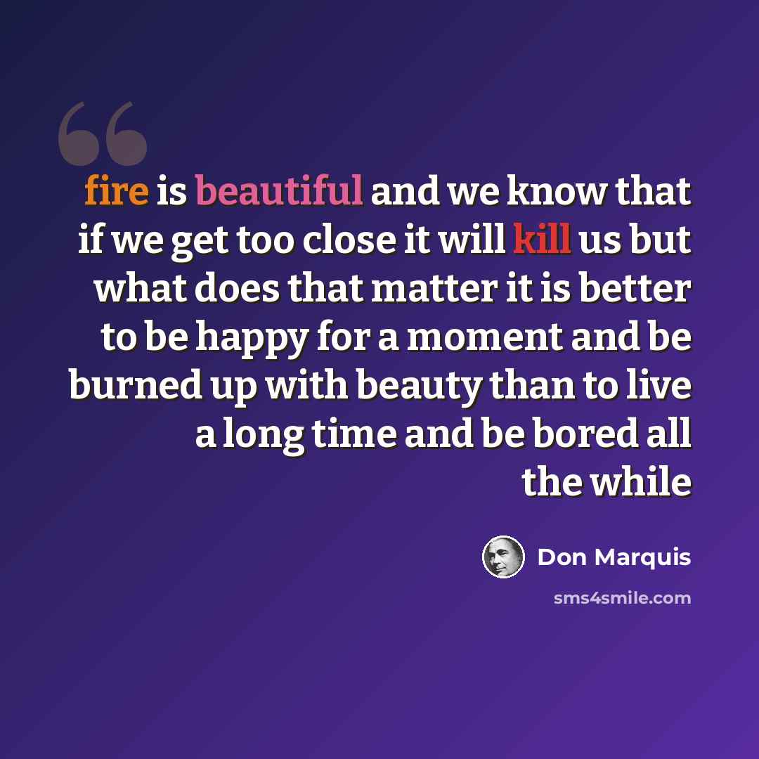 “fire is beautiful and we know that if we get too close it will kill us but what does that matter it is better to be happy for a moment and be burned up with beauty than to live a long time and be bored all the while” quote by Don Marquis