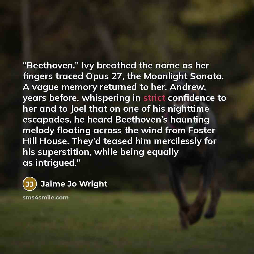 “Beethoven.” Ivy breathed the name as her fingers traced Opus 27, the Moonlight Sonata. A vague memory returned to her. Andrew, years before, whispering in strict confidence to her and to Joel that on one of his nighttime escapades, he heard Beethoven’s haunting melody floating across the wind from…” quote by Jaime Jo Wright