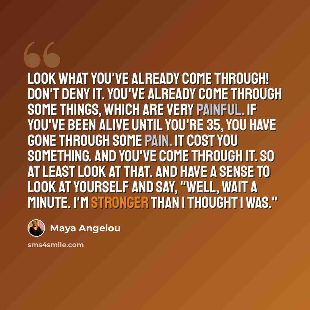 “Look what you've already come through! Don't deny it. You've already come through some things, which are very painful. If you've been alive until you're 35, you have gone through some pain. It cost you something. And you've come through it. So at least look at that. And have a sense to look at…” quote by Maya Angelou