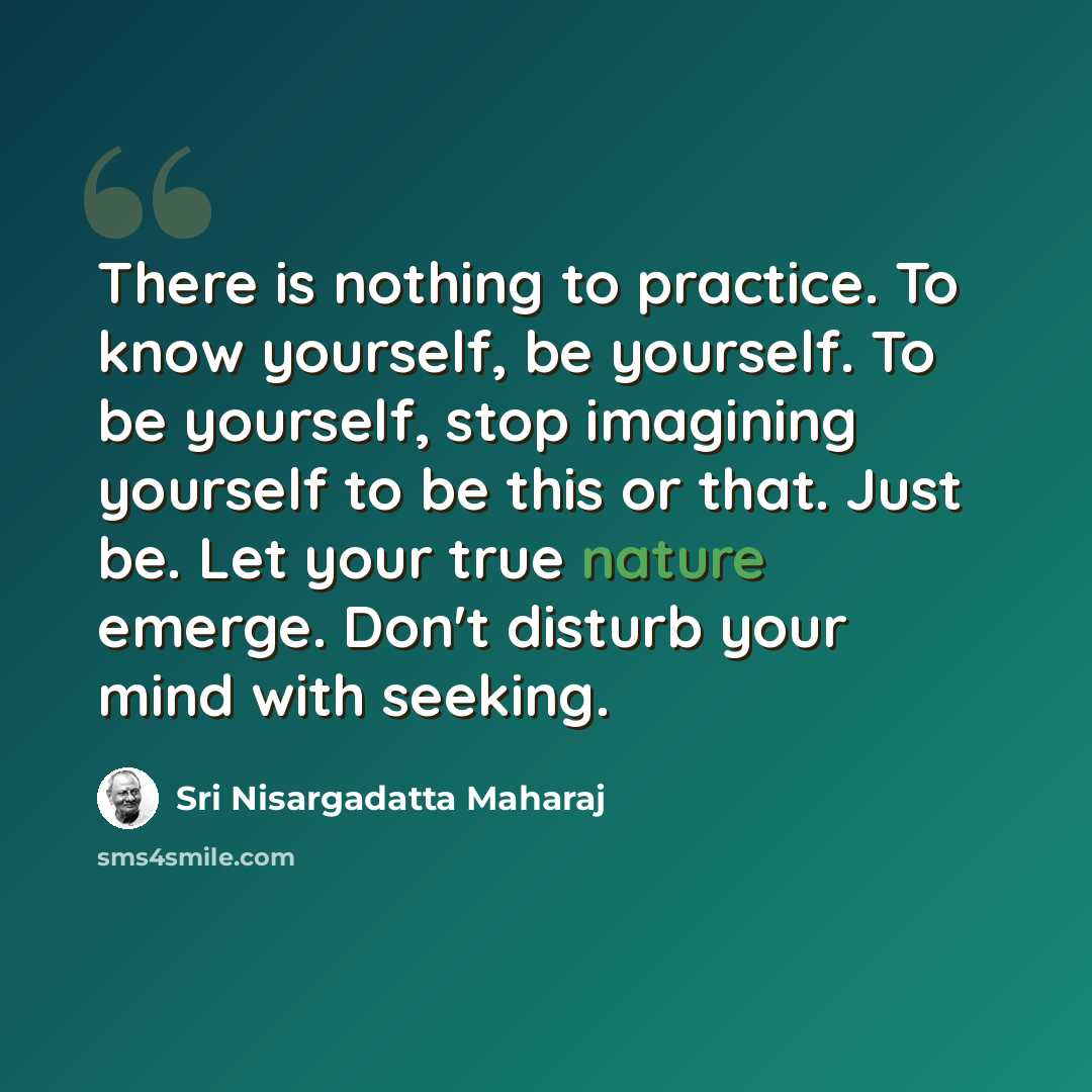 “There is nothing to practice. To know yourself, be yourself. To be yourself, stop imagining yourself to be this or that. Just be. Let your true nature emerge. Don't disturb your mind with seeking.” quote by Sri Nisargadatta Maharaj