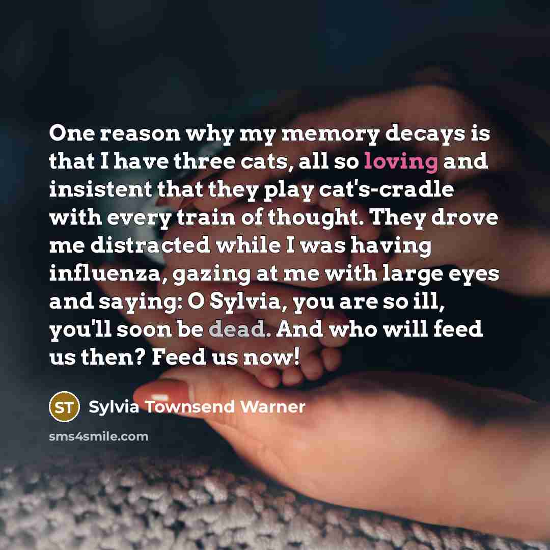 “One reason why my memory decays is that I have three cats, all so loving and insistent that they play cat's-cradle with every train of thought. They drove me distracted while I was having influenza, gazing at me with large eyes and saying: O Sylvia, you are so ill, you'll soon be dead. And who…” quote by Sylvia Townsend Warner