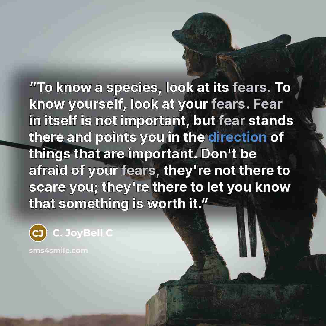 “To know a species, look at its fears. To know yourself, look at your fears. Fear in itself is not important, but fear stands there and points you in the direction of things that are important. Don't be afraid of your fears, they're not there to scare you; they're there to let you know that…” quote by C. JoyBell C