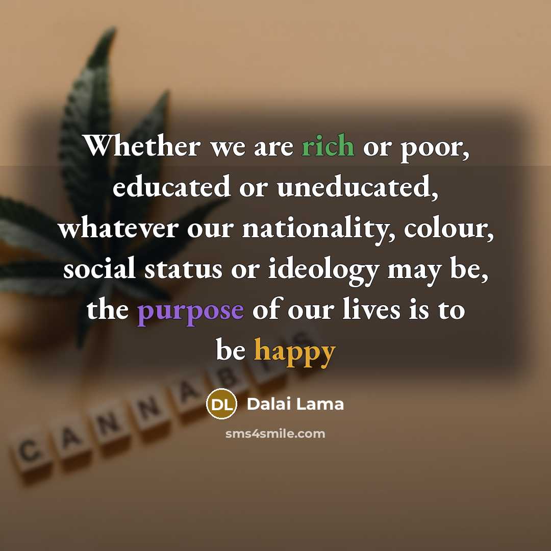 “Whether we are rich or poor, educated or uneducated, whatever our nationality, colour, social status or ideology may be, the purpose of our lives is to be happy” quote by Dalai Lama