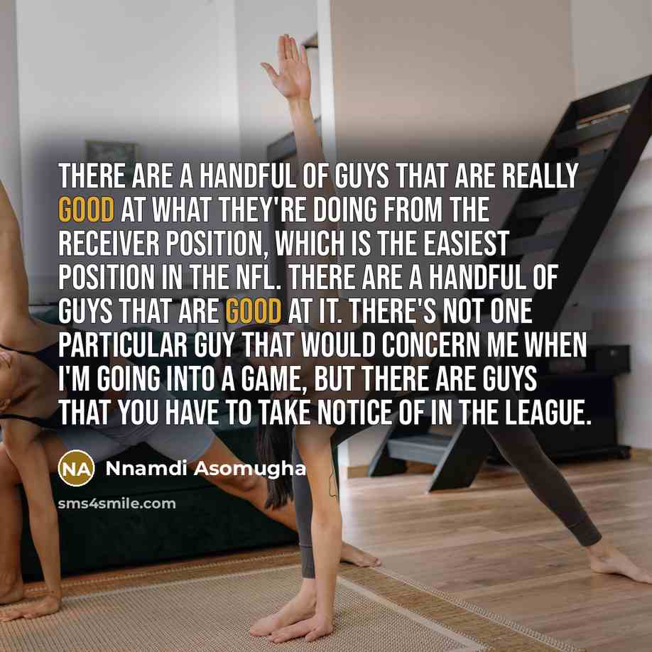 “There are a handful of guys that are really good at what they're doing from the receiver position, which is the easiest position in the NFL. There are a handful of guys that are good at it. There's not one particular guy that would concern me when I'm going into a game, but there are guys that you…” quote by Nnamdi Asomugha